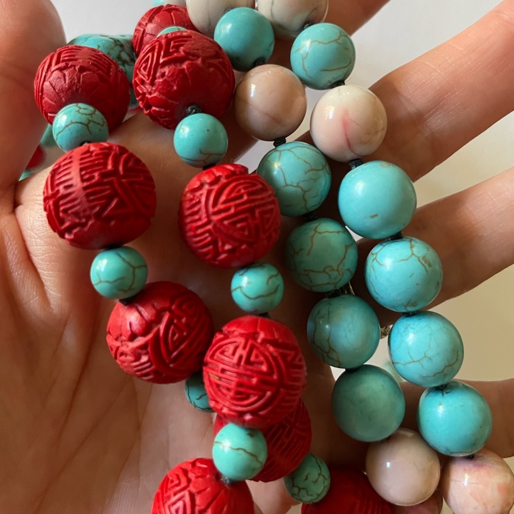 Knotted Beaded Necklace in Turquoise, Cinnabar & Peach Stones, mala style - Picture 5 of 7